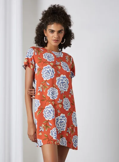 Generic Floral Print Mini Shift Dress Rust/Multi