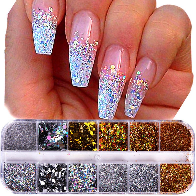 12 Piece Holographic Nail Glitter Sequin Flakes Multicolor - Image 5