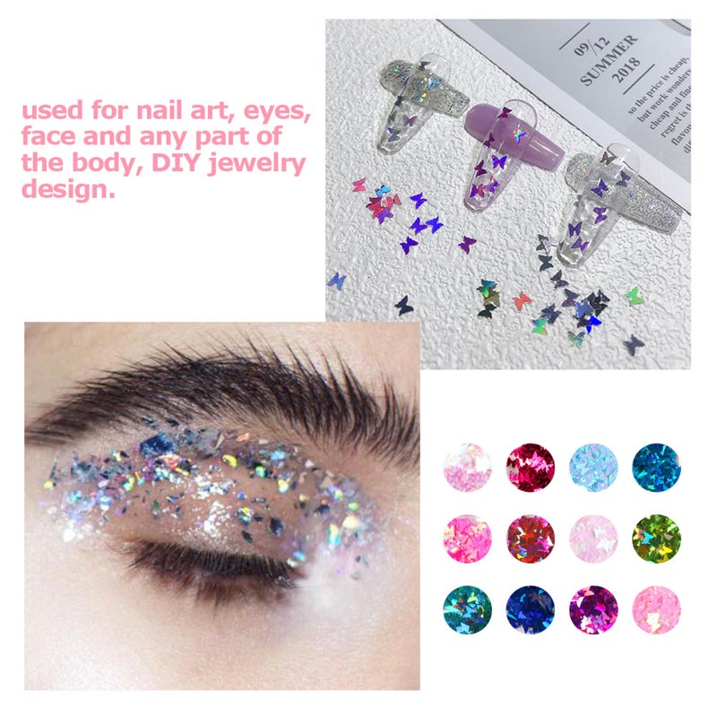 مجموعة ترتر لامع لتزيين الأظافر على شكل فراشة مكونة من 12 فتحة متعدد الألوان - Image 3