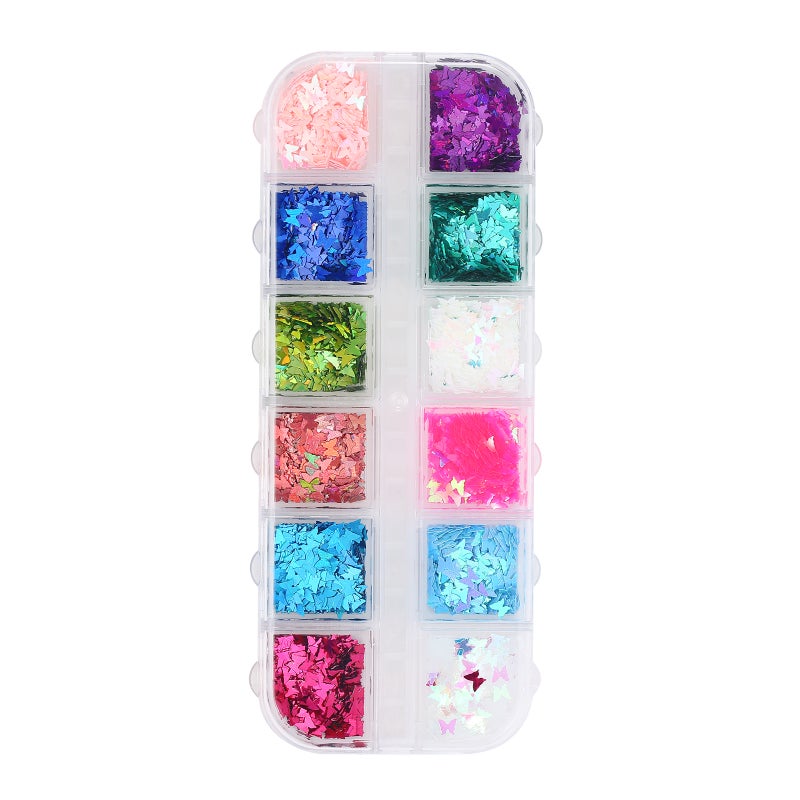 12 Grids Butterfly Glitter Nail Art Sequins Multicolor - Image 1