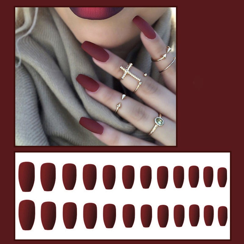 Generic - 24 Piece Ballerina Pure Color Matte Coffin Nails Set Light wine red - Image 1