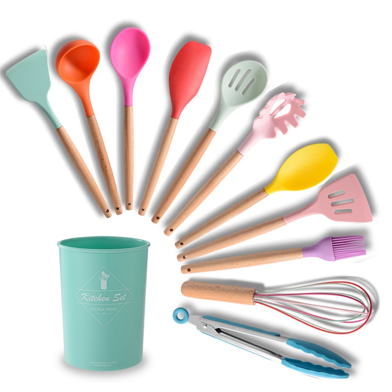 11-Piece Silicone Utensil Set With Storage Barrel Multicolour 33 x 12.5 x 12.5cm - Image 1