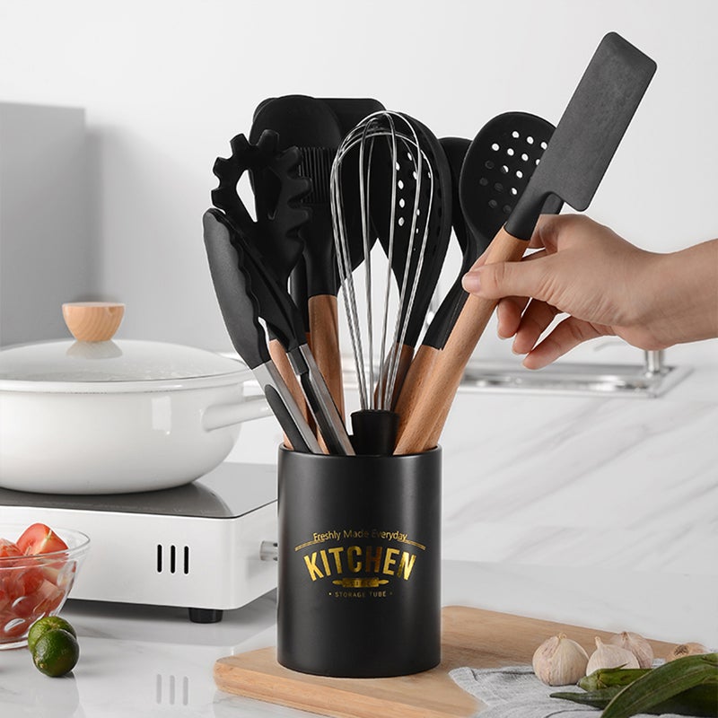 10-Piece Silicone Utensil Set With Storage Barrel Black/Beige 35 x 11.5 x 11.5cm - Image 3