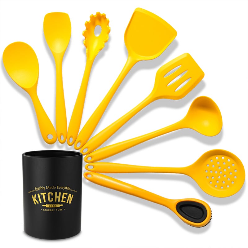 8-Piece Silicone Utensil Set With Storage Barrel Yellow 33 x 10 x 10cm - Image 1