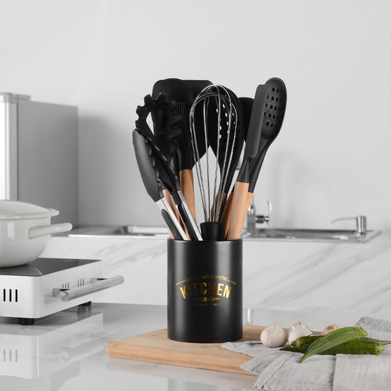 10-Piece Silicone Utensil Set With Storage Barrel Black/Beige 35 x 11.5 x 11.5cm - Image 2
