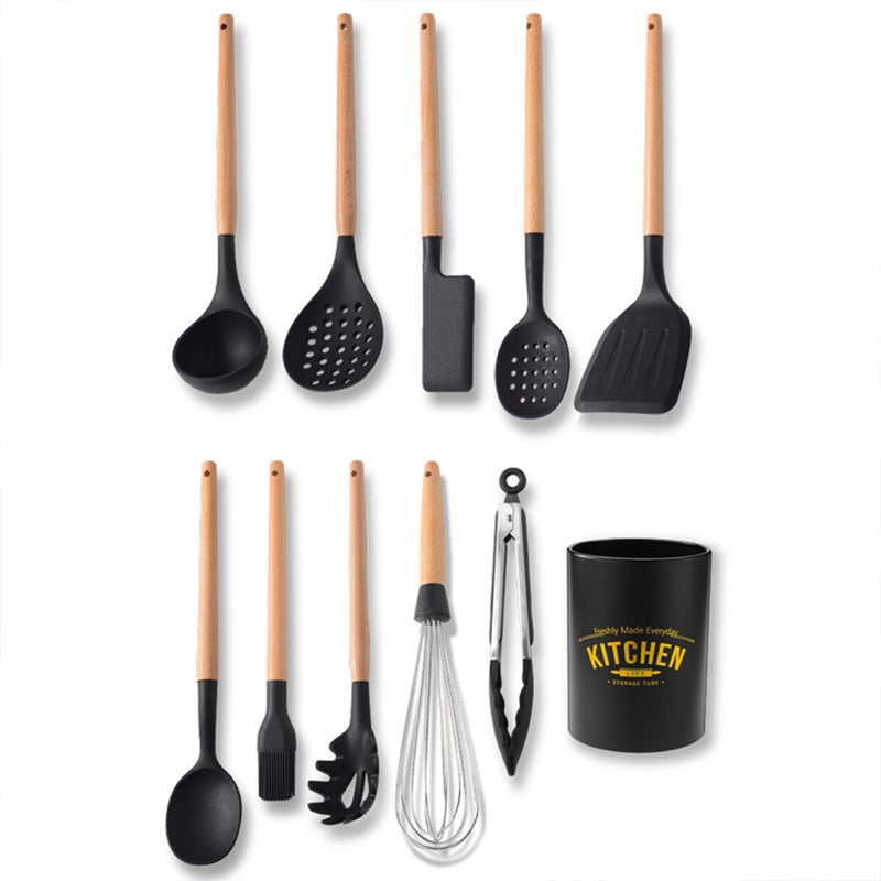 10-Piece Silicone Utensil Set With Storage Barrel Black/Beige 35 x 11.5 x 11.5cm - Image 5