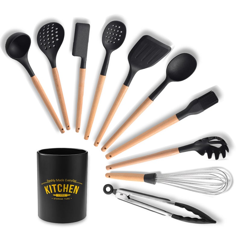 10-Piece Silicone Utensil Set With Storage Barrel Black/Beige 35 x 11.5 x 11.5cm - Image 1