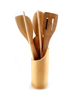 6-Piece Wooden Cutlery Set With Spoon Holder Beige/ Brown Beige/ Brown