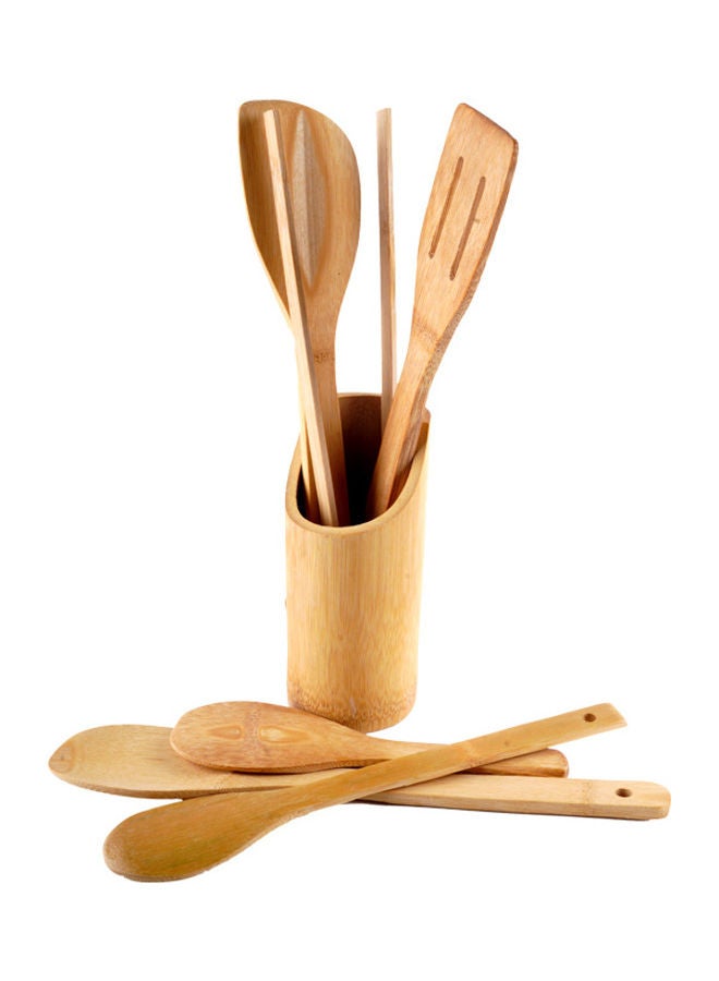 Generic - 6-Piece Wooden Cutlery Set With Spoon Holder Beige/ Brown Beige/ Brown - Image 1