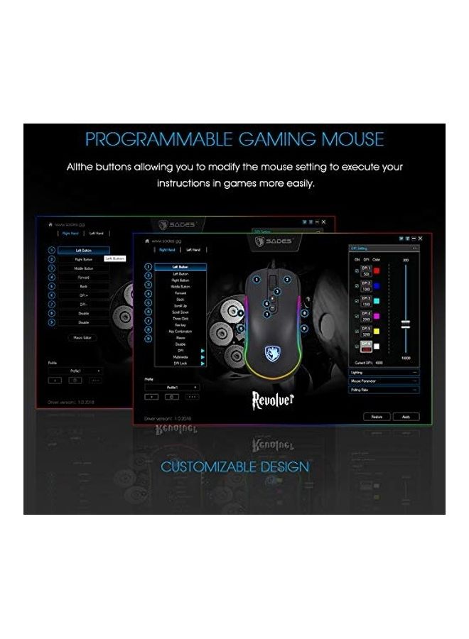Sades Sades Revolver Gaming Mouse Wired, Optical Sensor, Chroma Rgb Lighting With 9 Programmable Buttons, Ambidextrous Design, Comfortable Grip Ergonomic Pc Computer Gaming Mice  - Image 3