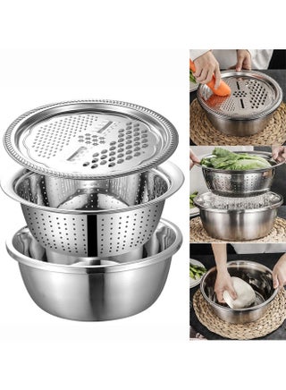 3Pcs/Set Grater Strainer Sieve Basin Washing Bowl Set Vegetable Cutter Stainless Steel Kitchen Tool for Knead Dough Salad Silver 26x26x26cm - v1605176521/N42300670A_1