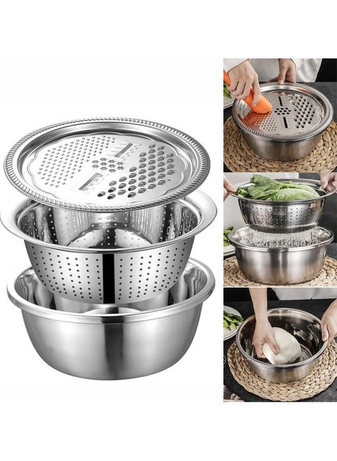 3Pcs/Set Grater Strainer Sieve Basin Washing Bowl Set Vegetable Cutter Stainless Steel Kitchen Tool for Knead Dough Salad Silver 26x26x26cm