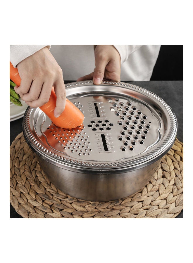 3Pcs/Set Grater Strainer Sieve Basin Washing Bowl Set Vegetable Cutter Stainless Steel Kitchen Tool for Knead Dough Salad Silver 26x26x26cm