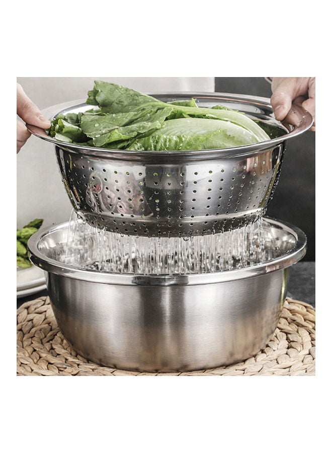3Pcs/Set Grater Strainer Sieve Basin Washing Bowl Set Vegetable Cutter Stainless Steel Kitchen Tool for Knead Dough Salad Silver 26x26x26cm