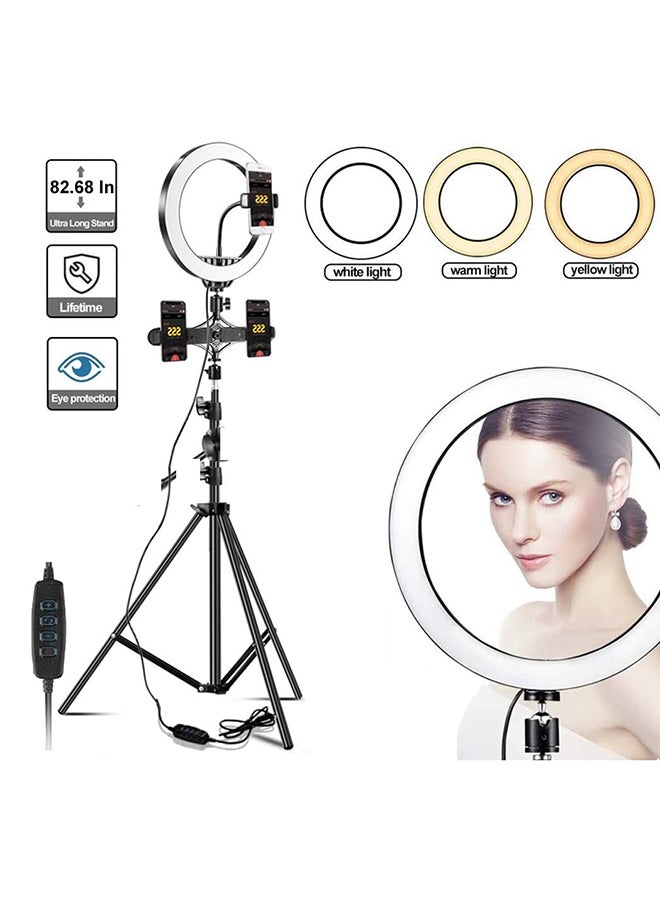 10 Inch Selfie Ring Light With Tripod Stand 210cm Equipped With 3 Cell Phone Holders Black/White - Image 1