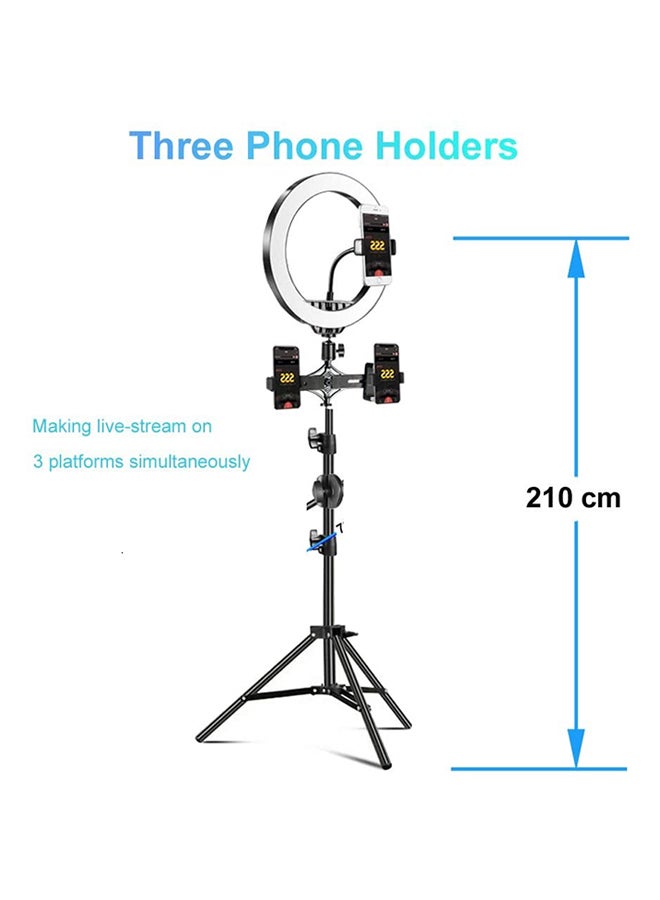 10 Inch Selfie Ring Light With Tripod Stand 210cm Equipped With 3 Cell Phone Holders Black/White - Image 2