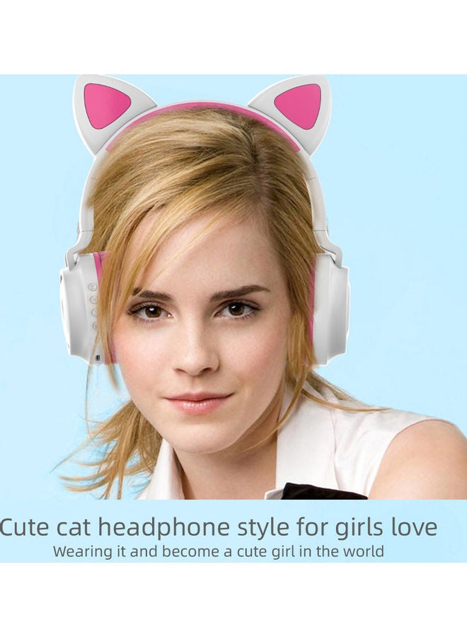 ZW 028 Wireless Bluetooth Adustable Glowing Cat Ear Headphones Pink White - Image 2