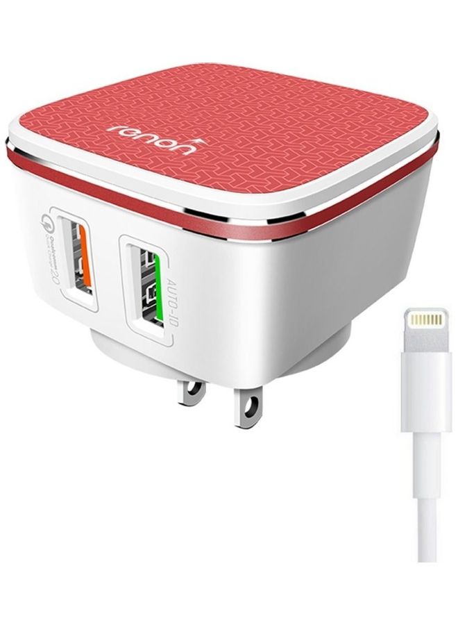 رينون شاحن محول بمنفذي USB مع كابل Lightning. أبيض/أحمر - Image 1