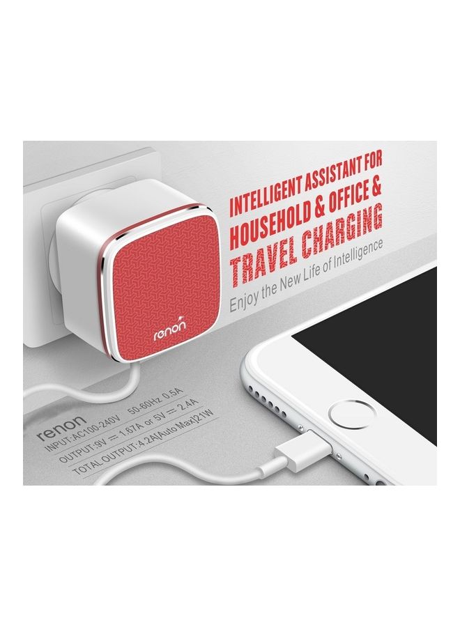 رينون شاحن محول بمنفذي USB مع كابل Lightning. أبيض/أحمر - Image 2