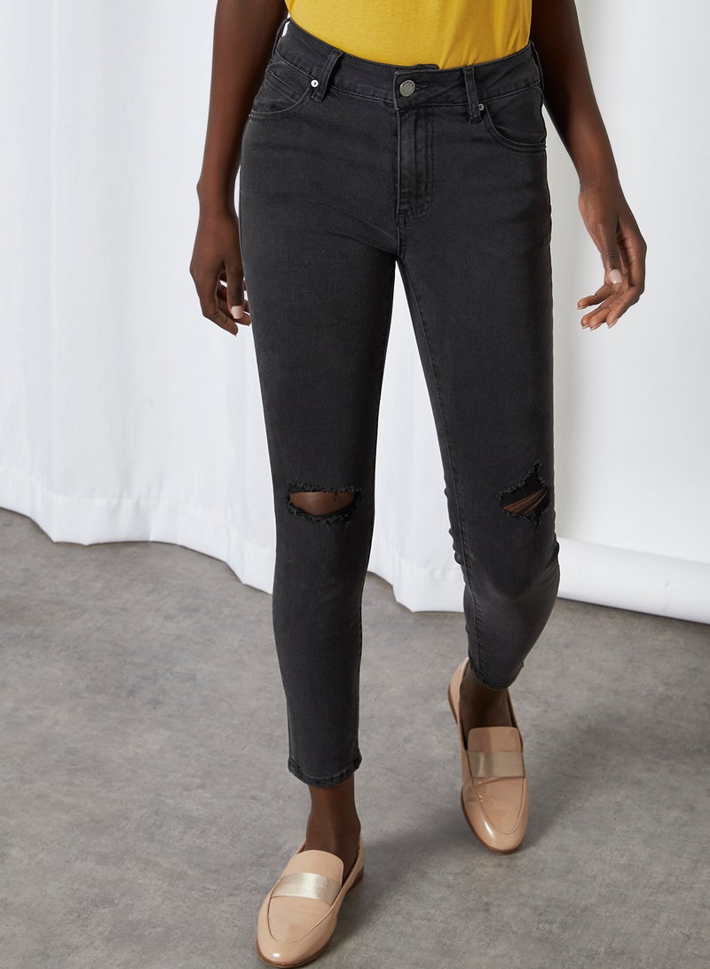 Cotton On Distressed Pattern Slim Fit Mid Rise Jeans Washed Black Knee Rip  - Image 1