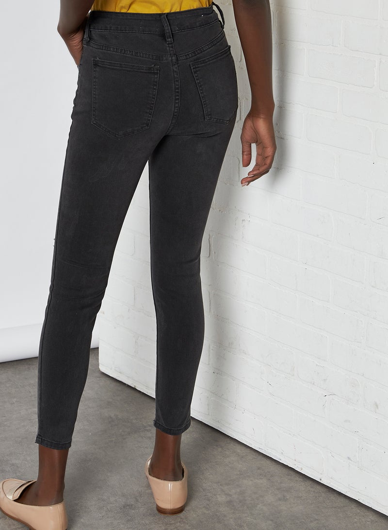 Cotton On Distressed Pattern Slim Fit Mid Rise Jeans Washed Black Knee Rip  - Image 2