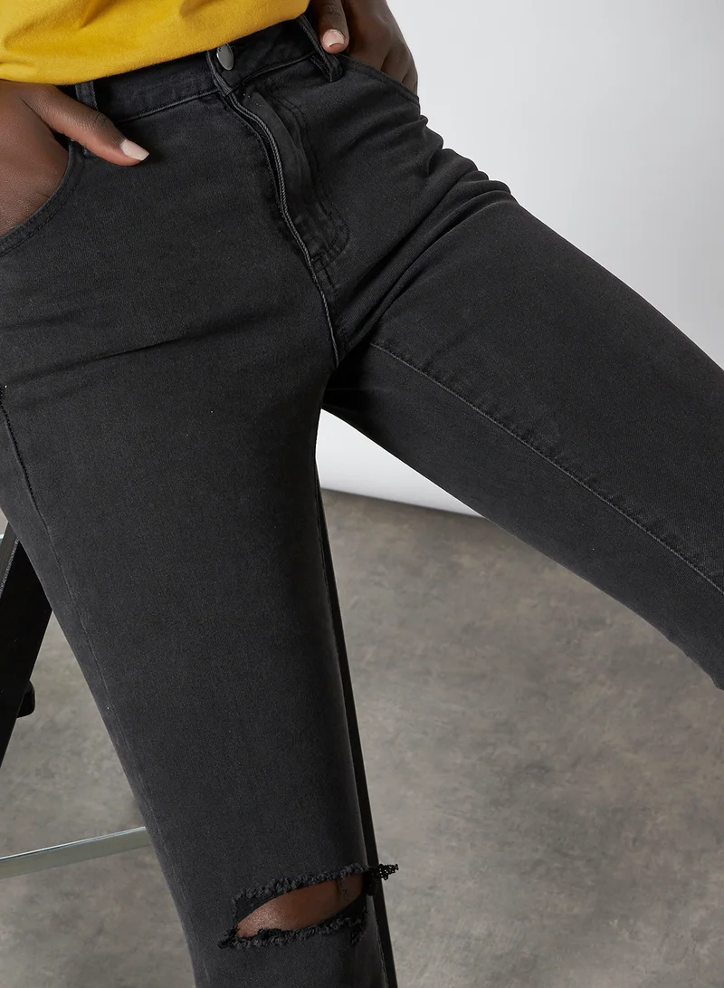 Cotton On Distressed Pattern Slim Fit Mid Rise Jeans Washed Black Knee Rip