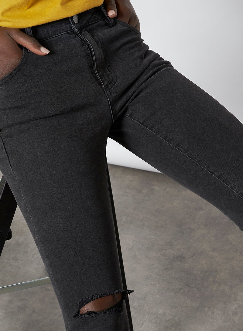 Cotton On Distressed Pattern Slim Fit Mid Rise Jeans Washed Black Knee Rip  - Image 4