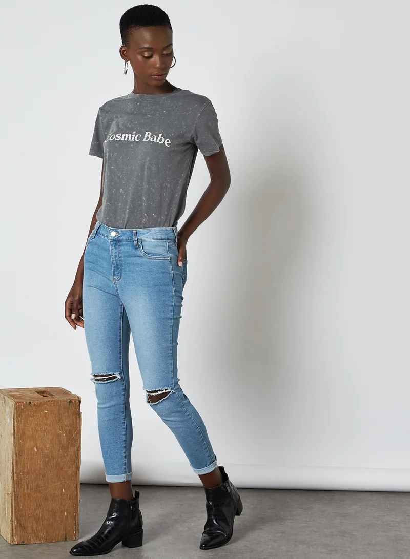 Cotton On Distressed Pattern Slim Fit Mid Rise Jeans Venice Blue Rip