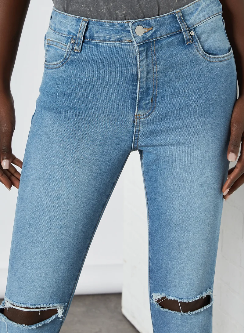 Cotton On Distressed Pattern Slim Fit Mid Rise Jeans Venice Blue Rip