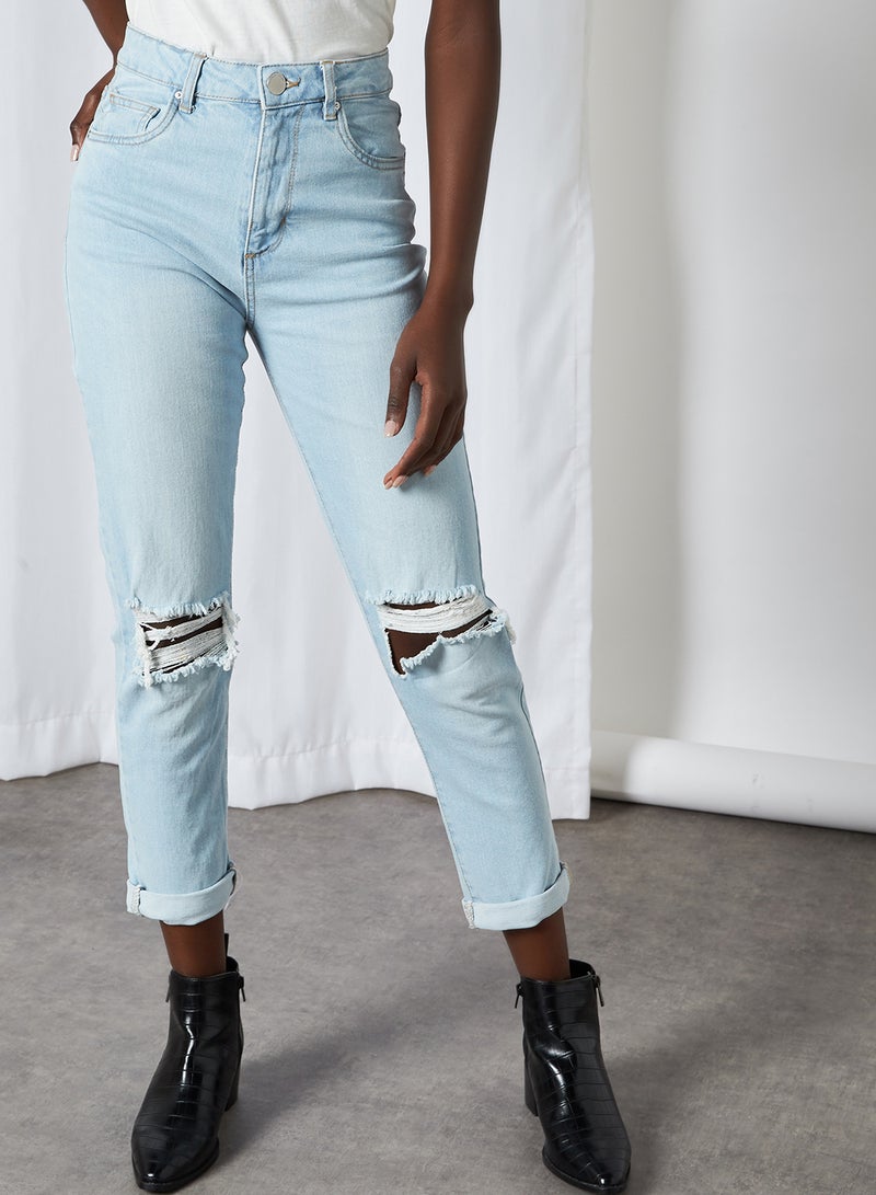 Cotton On - Distressed Pattern Boyfriend Fit Mid Rise Jeans Brooklyn Blue Rip - Image 1