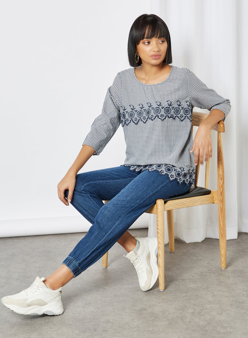 FAME FOREVER Checked Print Round Neck Blouse Black  - Image 3