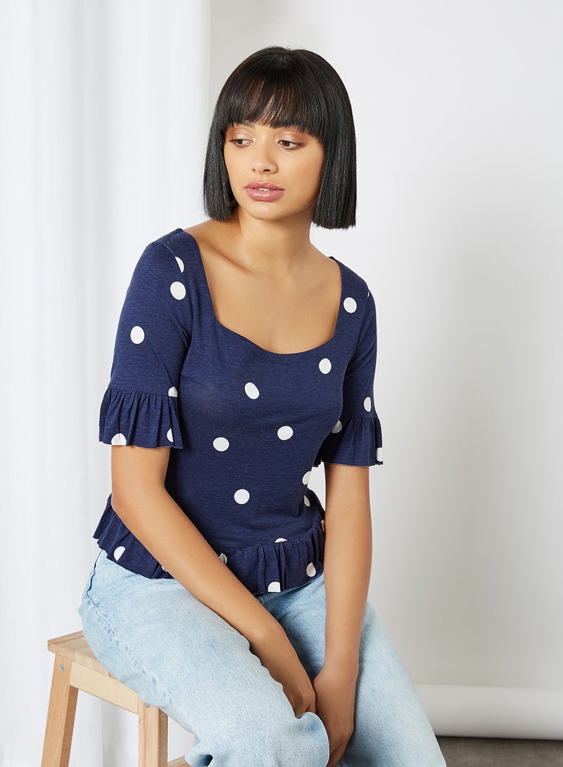 GINGER BY LIFESTYLE Polka Dot Printed Sweetheart Neck Blouse Navy Blue  - Image 1