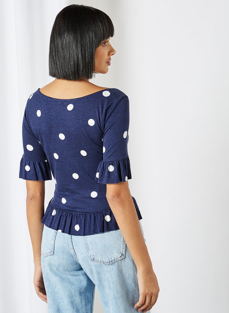 GINGER BY LIFESTYLE Polka Dot Printed Sweetheart Neck Blouse Navy Blue  - Image 2