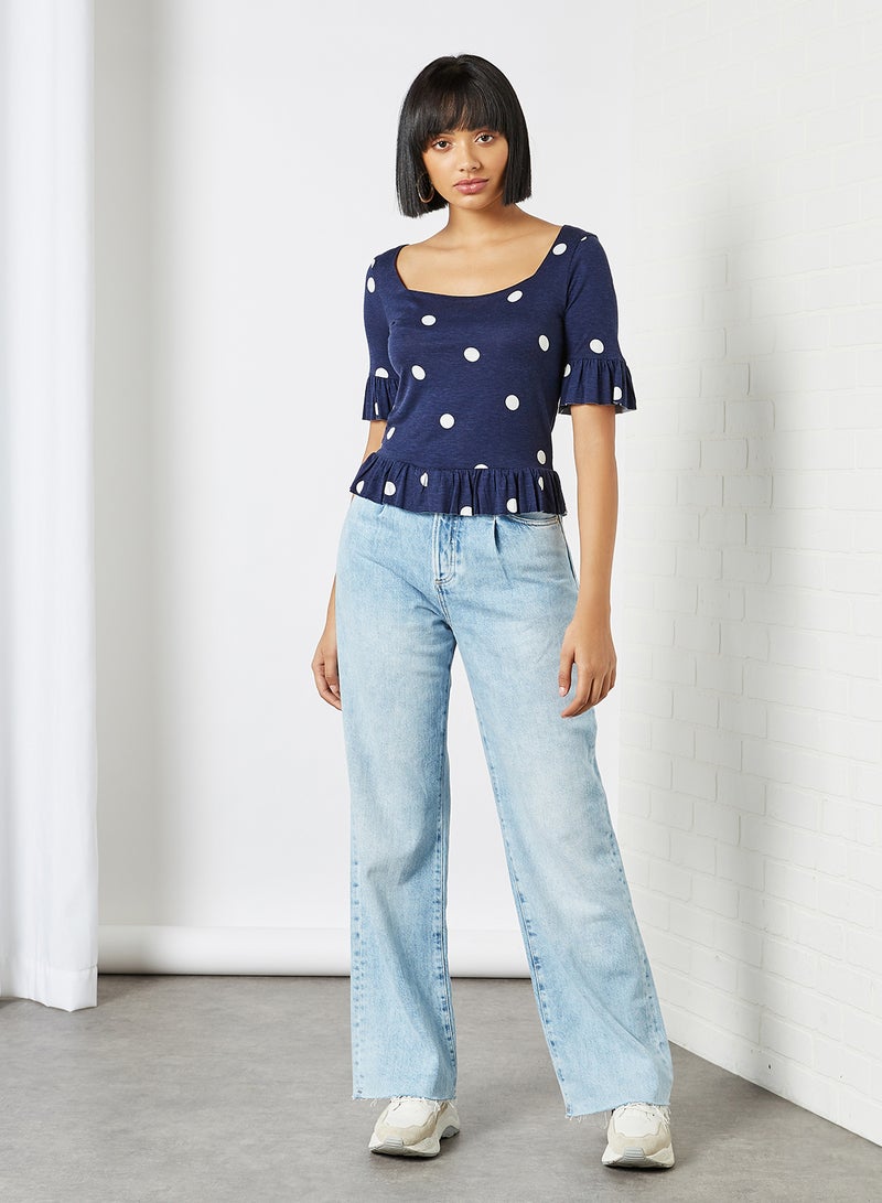GINGER BY LIFESTYLE Polka Dot Printed Sweetheart Neck Blouse Navy Blue  - Image 3