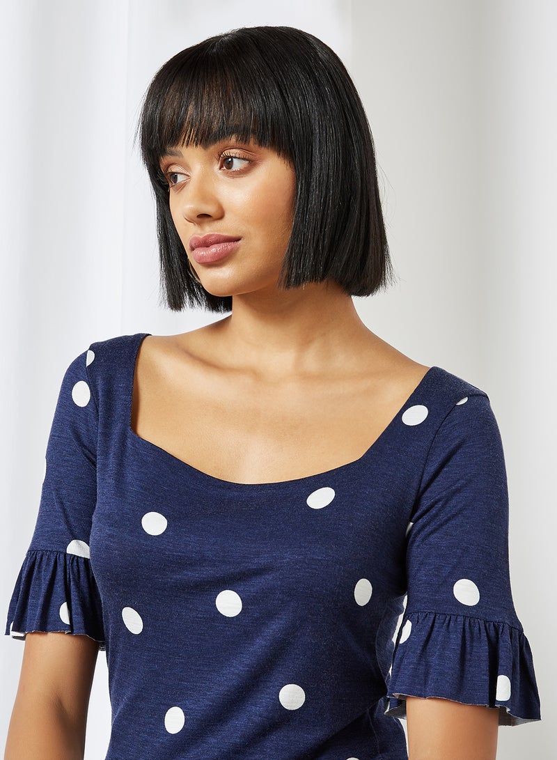 GINGER BY LIFESTYLE Polka Dot Printed Sweetheart Neck Blouse Navy Blue  - Image 4