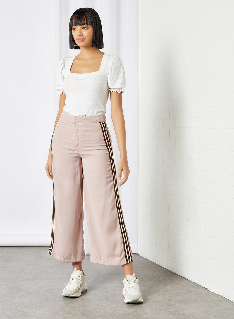 CODE BY LIFESTYLE Side Stripes Wide Leg Fit Mid Rise Pants Beige  - Image 3