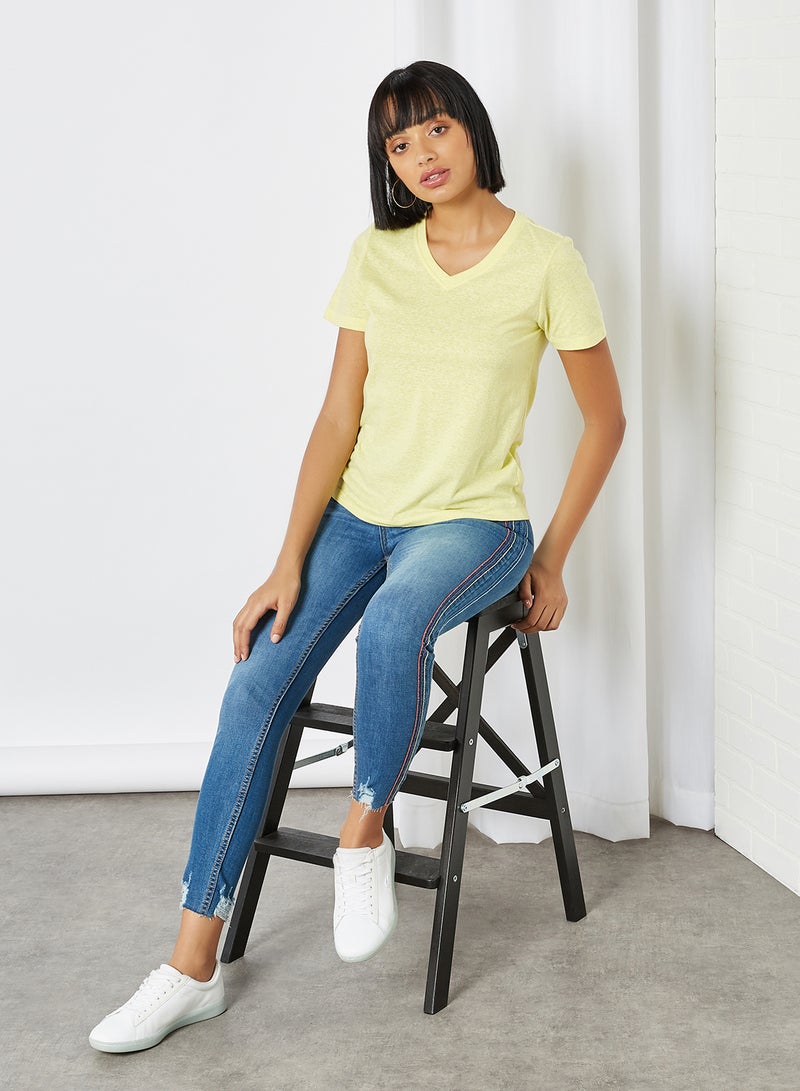 FAME FOREVER Solid V-Neck T-Shirt Yellow  - Image 3