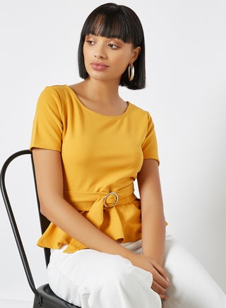 Plain Basic Front Belted Round Neck Blouse Mustard - v1605194141/N40490283V_1