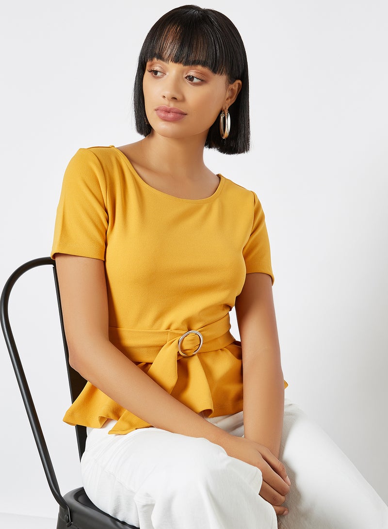 GINGER BY LIFESTYLE - Plain Basic Front Belted Round Neck Blouse Mustard - Image 1
