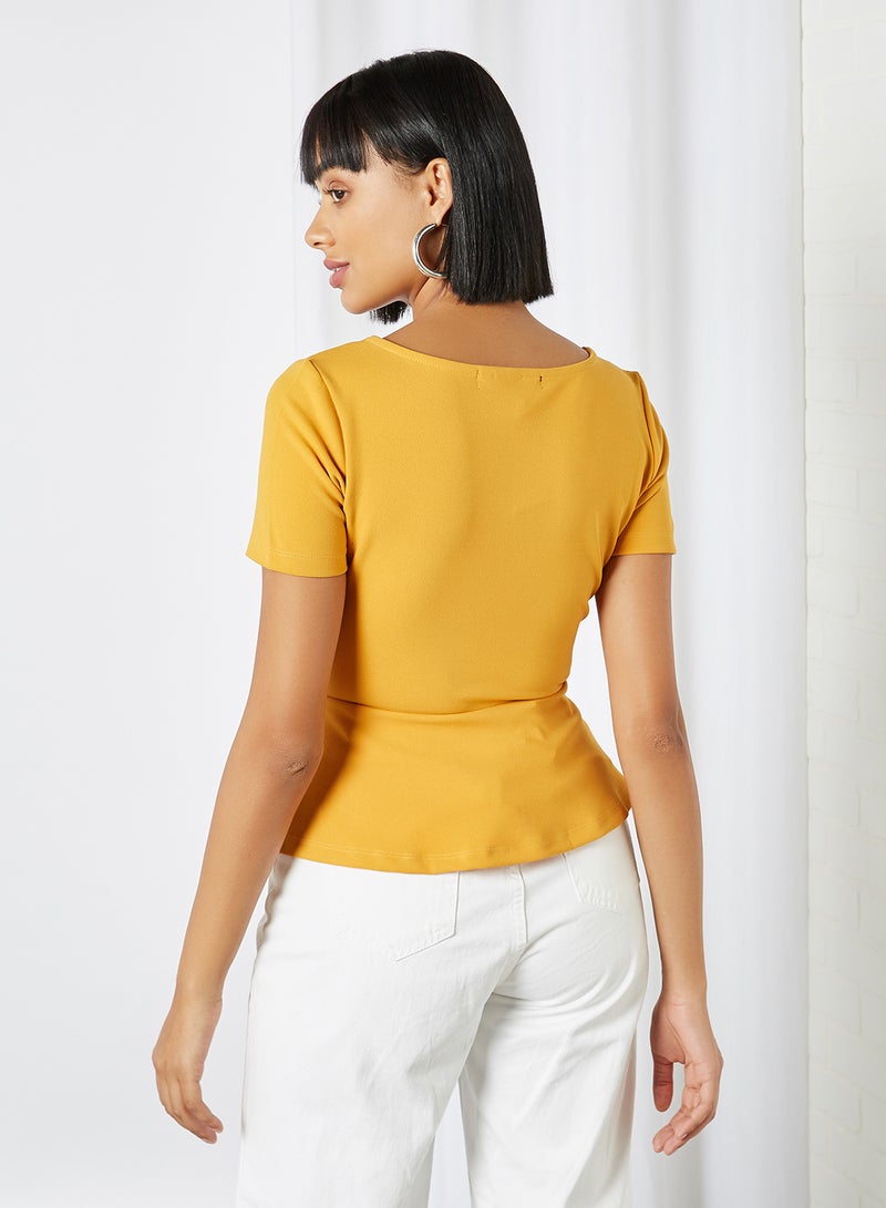 GINGER BY LIFESTYLE - Plain Basic Front Belted Round Neck Blouse Mustard - Image 1
