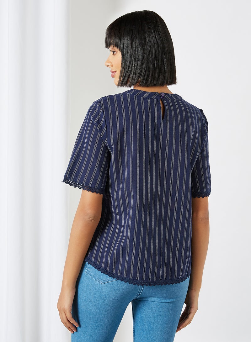 Stripe Printed Crew Neck Blouse Navy - v1605194142/N40490698V_2