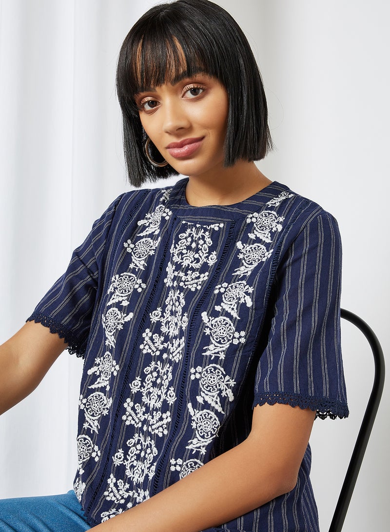 Stripe Printed Crew Neck Blouse Navy - v1605194143/N40490698V_4