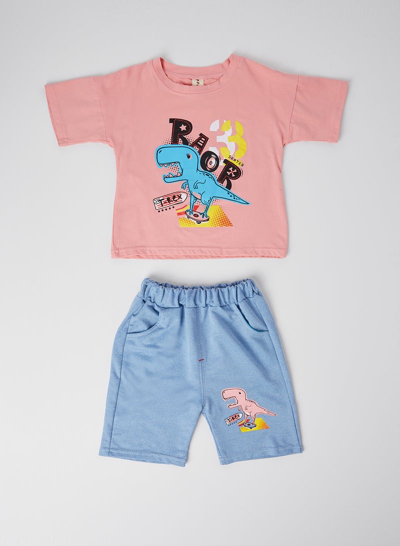 babyqlo Dino Print Round Neck T-Shirt With Shorts Set Pink  - Image 1