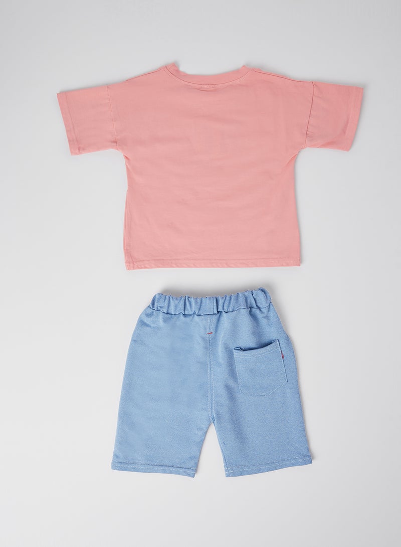 babyqlo Dino Print Round Neck T-Shirt With Shorts Set Pink  - Image 2