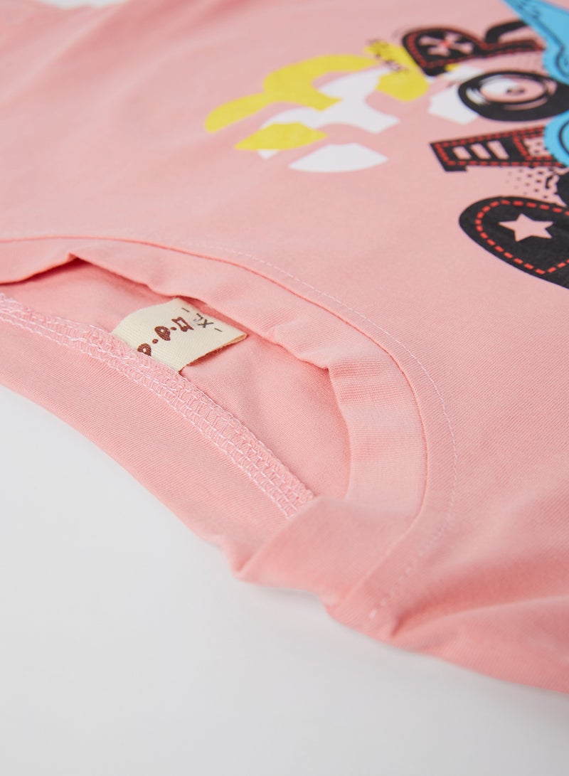 babyqlo Dino Print Round Neck T-Shirt With Shorts Set Pink  - Image 3
