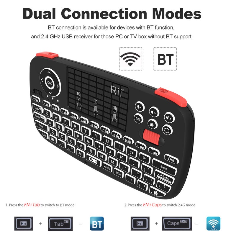 RII - Rii i4 Mini Wireless Keyboard Bluetooth & Dual Modes Handheld Fingerboard Black - Image 1