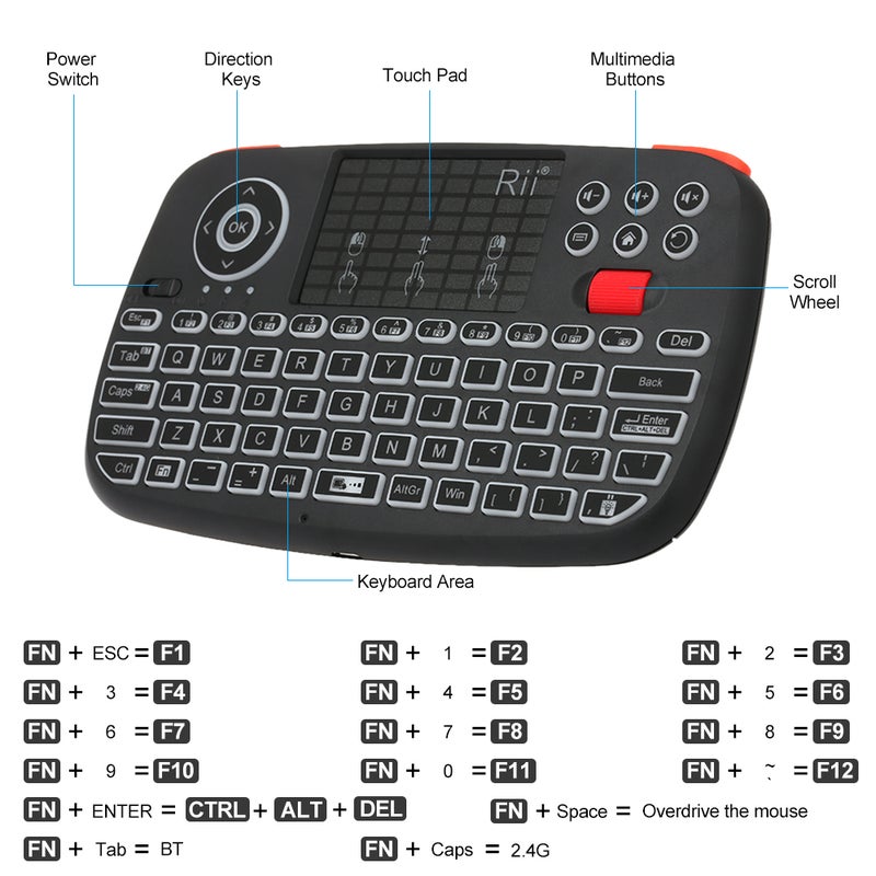 RII - Rii i4 Mini Wireless Keyboard Bluetooth & Dual Modes Handheld Fingerboard Black - Image 1