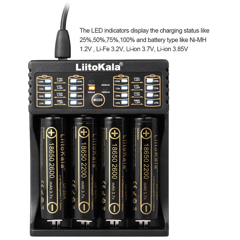 Lii 402 Smart Battery Charger For 18490/18350/17670/17500/16340/14500/10440 Black