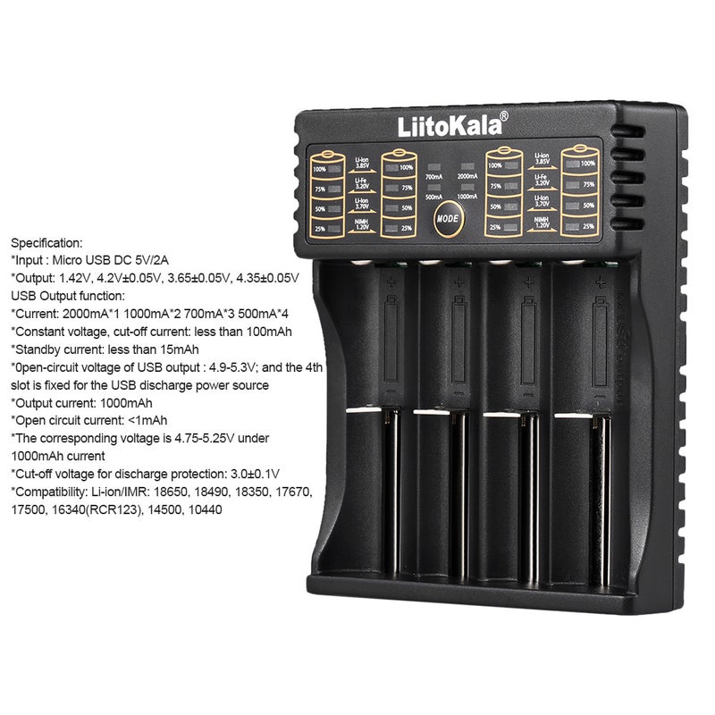Lii 402 Smart Battery Charger For 18490/18350/17670/17500/16340/14500/10440 Black