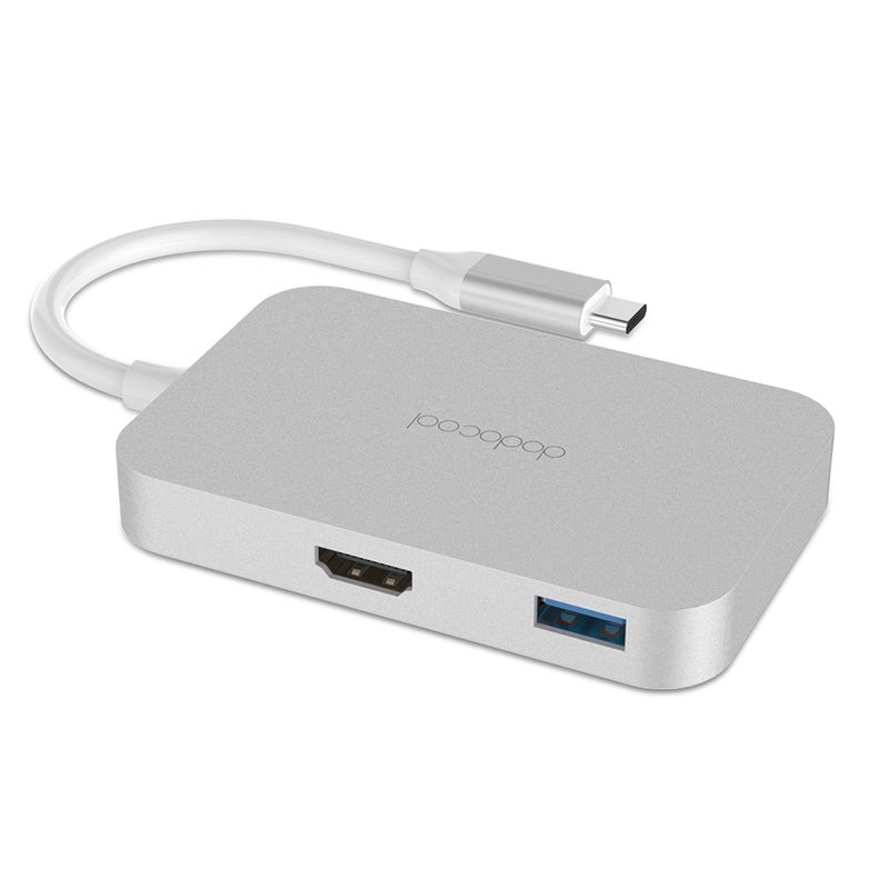 دودوكول موزع من USB Type C إلى 4 منافذ USB 3.0 مع منفذ إخراج بدقة عالية الوضوح 4K لجهاز ماك بوك و ماك بوك برو وجوجل كروم بوك بكسل فضي  - Image 1